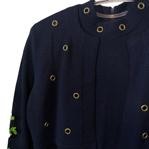 Vtg Fianona Knit 2 Pc Set Jacket Dress Grommet Studded Navy Blue Gold Size M - Picture 6 of 11